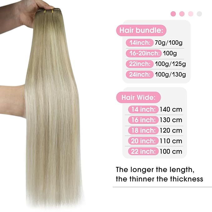 YoungSee Human Hair Sew in Extensions Blonde Ombre Hair Extensions Weft Sew in Hair Extensions Real Human Hair Ash Blonde Ombre Platinum Blond Long Straight Hair 22inch 100g