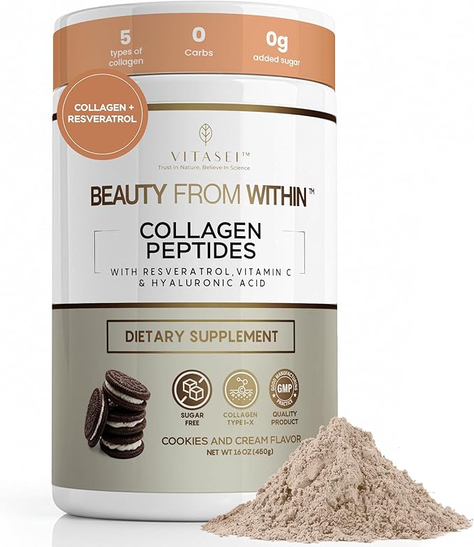 VITASEI Hydrolyzed Collagen Peptides Powder with Resveratrol & Vitamin C – Hair, Skin & Joint Support – Colágeno Hidrolizado for Women & Men – Delicious Cookies & Cream Flavor, 16 oz (30 Servings)