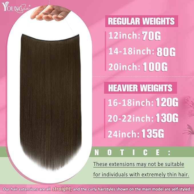 YoungSee Wire Extensions Real Human Hair Brown Wire Hair Extensions Real Human Hair Brown Fish Line Hair Extension for School 80g 16 Inch
