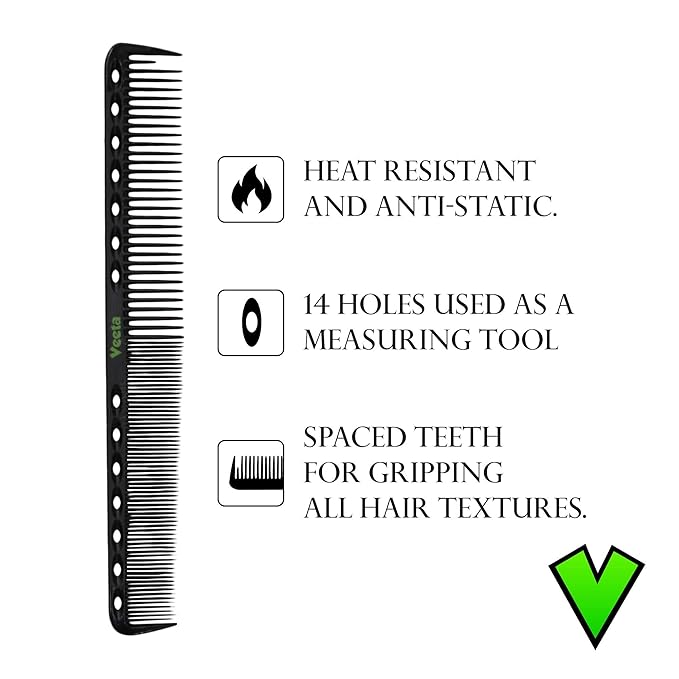 Veeta Professional Carbon Fiber Comb - Multiple Styles, Anti Static, Heat & Chemical Resistant - Rat Tail, Styling, Wide Tooth, Wave Comb (Black)
