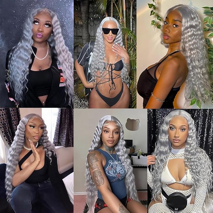 28 30 32 Inch Light Grey Bundles Human Hair Grey Deep Wave Bundles Double Weft Virgin Remy Silver Bundle Hair Weave Pure Grey Color