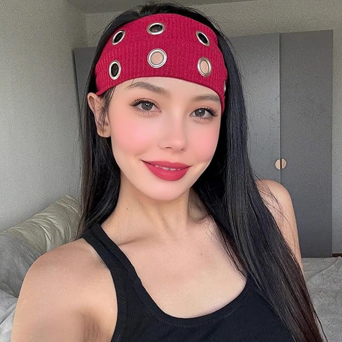 papasgix Grommet Headband for Women, Y2K Elastic Headband Wide Black Hair Band with Holes Metal Rock Style 2000s Hair Accessories (1, Wine Red)