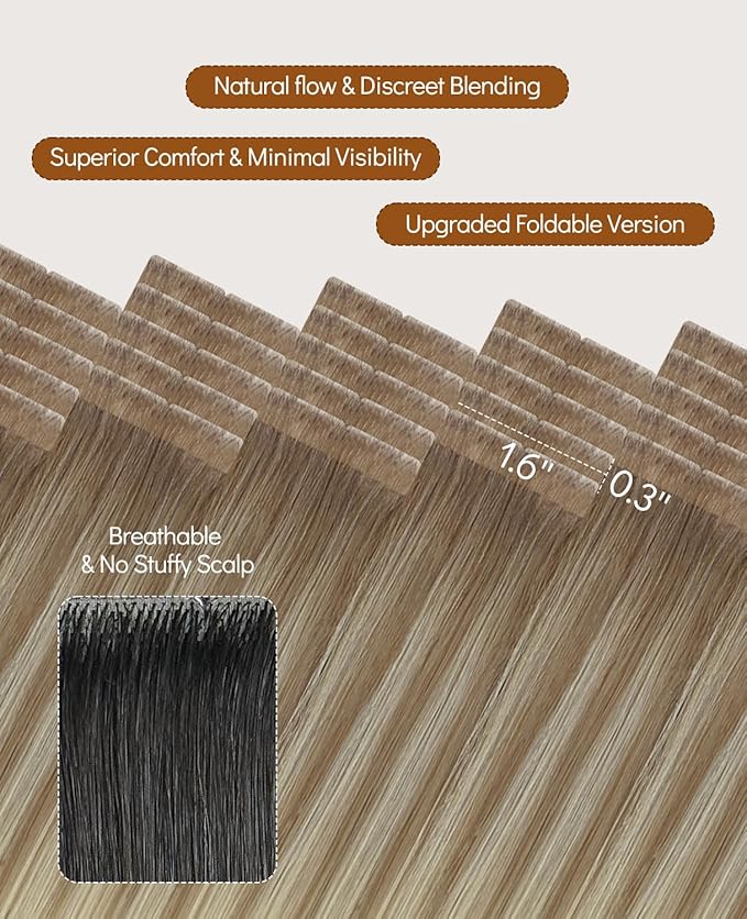 VINBAO 55g Invisible Tape in Extensions Human Hair Balayage Ombre Brown to Blonde Seamless Injected Pro Quality Injection Extensions Human Hair Tape Ins 20pcs 20inch #8T60