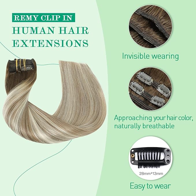 SURNEL Clip in Hair Extensions Real Human Hair Balayage Clip in Hair Extensions 16 Inch 7pcs 140g Walnut Brown to Ash Brown and Golden Blonde Human Hair Clip Extensions (7C#3/8/22-16'')