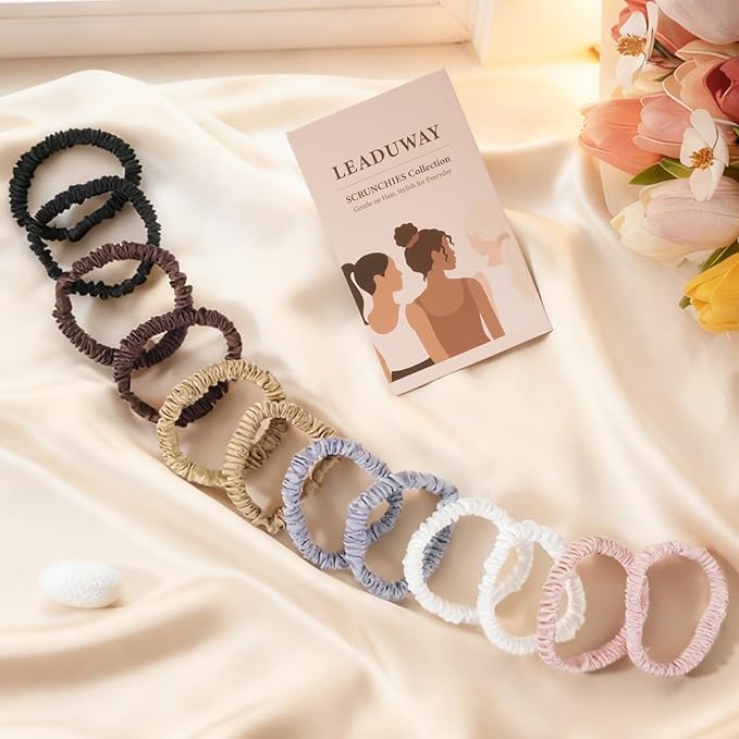 12 Pack Silky Soft Skinny Hair Ties, Silk-Like No Damage Scrunchies Elastic Ponytail Bands for Women Girls, Thin Thick Curly Hair