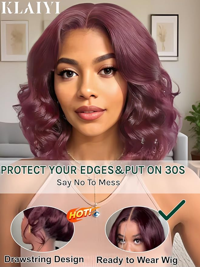 KLAIYI Black Cherry Bob Loose Body Wave Precut 7x5 HD Lace Front Wigs Human Hair Glueless Bye Bye Knots Drawstring Red Burgundy Wig with Curtian Bang Pre Plucked Bleached Ready to Put On And Go 12Inch