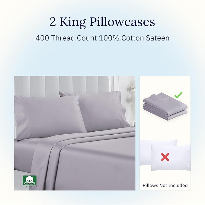 California Design Den King Size Pillowcase Set - 400 Thread Count, 100% Cotton Sateen, Set of 2 Pillow Covers, Soft and Breathable - Dusky Lavender Grey