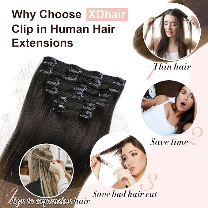 XDhair 22 inchClip in Hair Extensions Real Human Hair 120g 6Pcs Ombre Color Natural Black Fading to Medium Brown Clip in Hair Extensions Natural Soft (#1BT4, 22 inch)