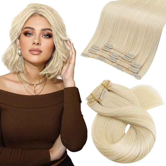 Moresoo Blonde Clip in Hair Extensions Human Hair Blonde Hair Extensions Clip ins Short Real Human Hair for Women Golden Platinum Blond Double Weft 80g/5pcs 14 inch