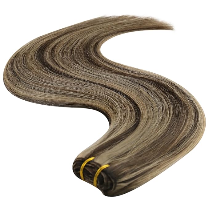 YoungSee Weft Hair Extensions Human Hair Brown Blonde Sew in Hair Extensions Dark Brown Mix Caramel Blonde Highlights Human Hair Weft Extensions for Full Head 20Inch 100G