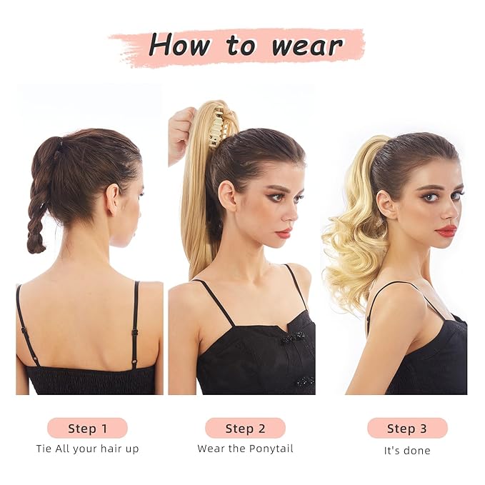 Ponytail Extension, Clip on Ponytails for Women, 12" Claw Clip in Short Curly Wavy Pony Hair Extension for Women - Bleach Blonde