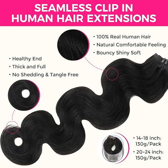 Lashey Seamless Clip in Hair Extensions Human Hair Body Wave 150g 9pcs Natural Black 24 Inch Clip in Hair Extensions Human Hair PU Clip ins with Invise Edge for Women