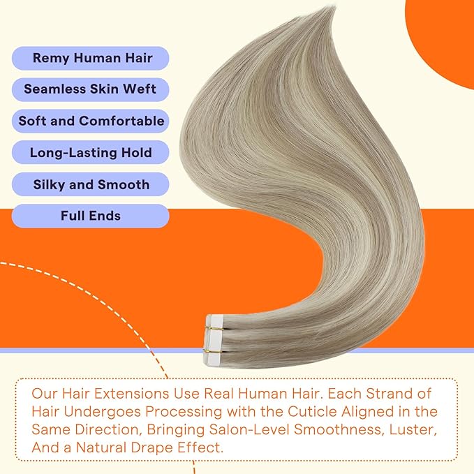 Full Shine Tape in Hair Extensions Human Hair 20 Inch Remy Human Hair Tape Extensions Highlighted Color 18 Ash Blonde and 613 Light Blonde Hair Extensions Tape Ins 20 Pcs 50Gram Adhesive Hair