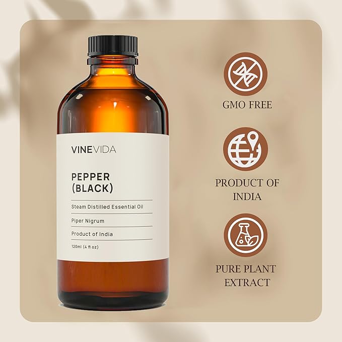 VINEVIDA Black Pepper Essential Oil 10 mL - Undiluted, Pure, Vegan, Reusable Glass Bottle with Euro Dropper