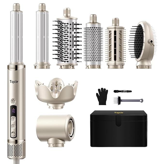 8-in-1 Professional Hot Air Styler&Hair Dryer Brush, Powerful Multi-Styler with Auto-Wrap Curler with Storage Case, Fast Drying Curling Straightening Volumizing Without Heat Damage(Gold)