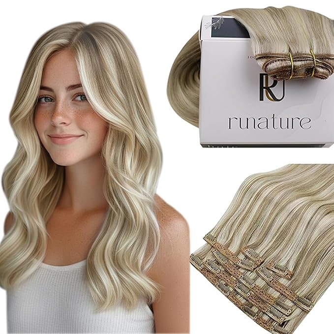 RUNATURE Clip in Hair Extensions Real Human Hair Clip in Extensions, Long Hair Extensions Clip Ins, Thick Full Head, Can Be Styled, 22 Inch 120g 7pcs #8P60 Ash Brown Highlight Platinum Blonde