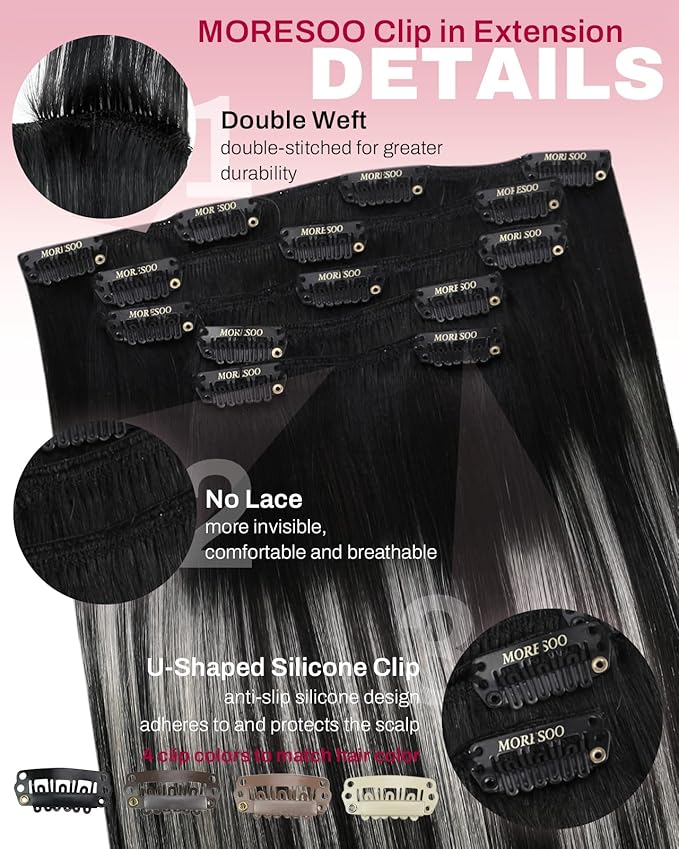 Moresoo Clip in Hair Extensions Human Hair Black to Silver Ombre Hair Extensions Clip ins Long Balayage Natural Black to Silver Grey Double Weft for Women Straight Remy Human Hair 80g/5pcs 20 Inch