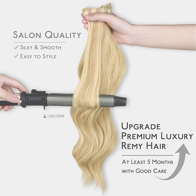 WENNALIFE Invisi Edge Clip in Hair Extensions Real Human Hair, 18 Inch 130g 7pcs Light Blonde Highlighted Golden Blonde Seamless Invisible PU Skin Weft Straight Extensiones De Cabello Hmano Clip Ins