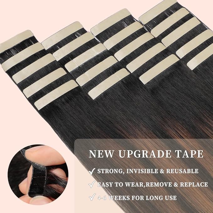Human Hair Tape in Extensions, Balayage Natural Black Mixed Chestnut Brown Hair Extensions Real Human Hair 14 Inch 20pcs Remy Straight Tape in Hair Extensions Human Hair (1B/1B/6#,14 Inch)