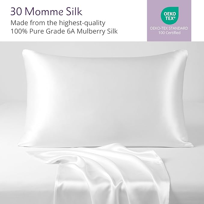 Mulberry Park 30 Momme 100% Pure Mulberry Silk Pillowcase - Luxury Charmeuse Weave for Hair and Skin, Cooling Silk Pillow Cover for Beauty Sleep - Standard Size 20"x26" / White