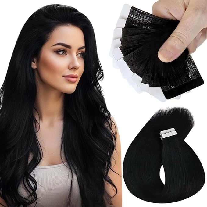 Sunny Hair Tape in Hair Extensions Real Human Hair Invisible Remy Hair Extensions Tape ins for Women Jet Black 12 inch 20G