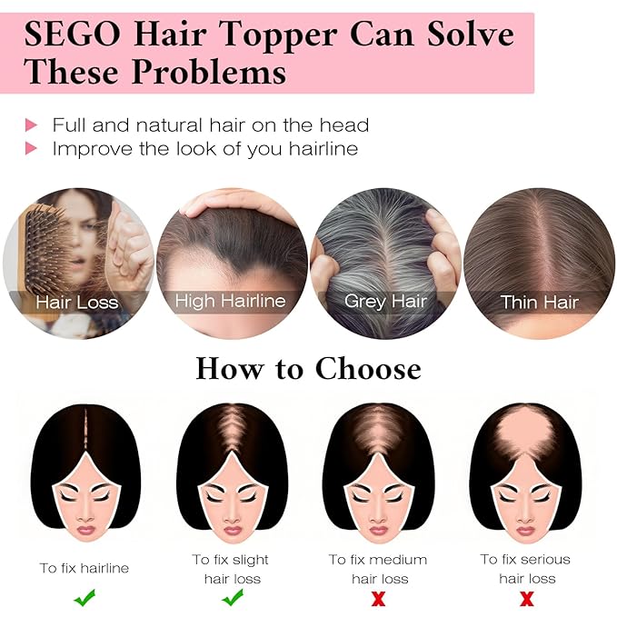 SEGO 100% Real Human Hair Toppers with Bangs,Silk Base 150% Density Clip in Topper Top 2.7”x5.1” Hair Pieces for Women with Thinning Hair/Hair Loss Cover Gray Hair