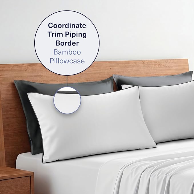 Kickoff Viscose Bamboo Pillowcase, King, Set of 2, 100% Organic Hidden Zippered Viscose Bamboo Pillow Case King Size, Cooling Pillow Cover for Hot Sleepers (20"x40", Trimmed, Pewter)