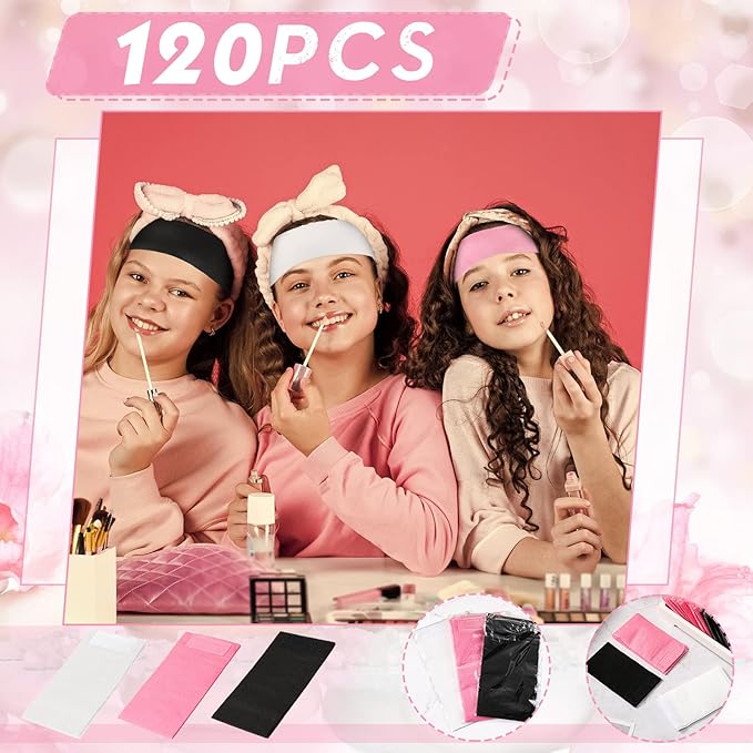 Hanaive 120 Pieces Disposable Headbands for Facials Spa Headbands with Convenient Closure Stretch Non Woven Skin Care Hair Band Soft for Women Salons Face Washing, Shower, Pink, Black, White