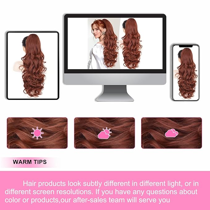 ALXNAN Ponytail Extension,24 Inch Claw Clip in Long Curly Wavy Reddish Orange Ponytail Hair Extension Jaw Clip on Pony Tails Hairpiece for Women