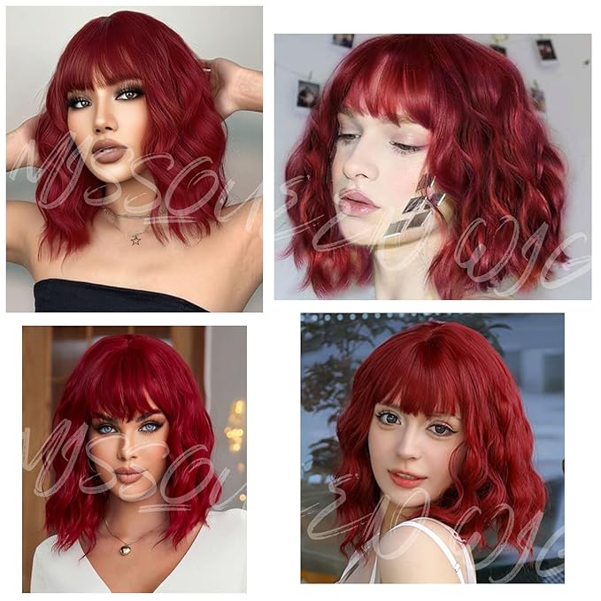 MISSQUEEN Short Red Wigs for Women with Bangs Wine Red Wavy Curly Bob Wig