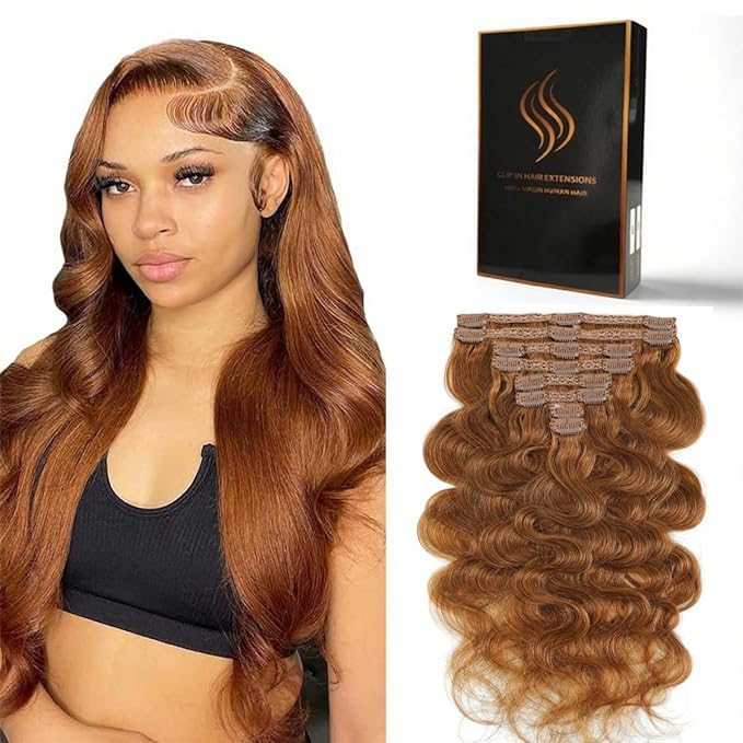 Clip in Hair Extensions Real Human Hair Body Wave 30 Auburn Ginger Clip in 100% Brazilian Remy Human Hair Extensions 8pcs Per Set with 18 Clips Double Weft 24 Inch 120g/3.6oz