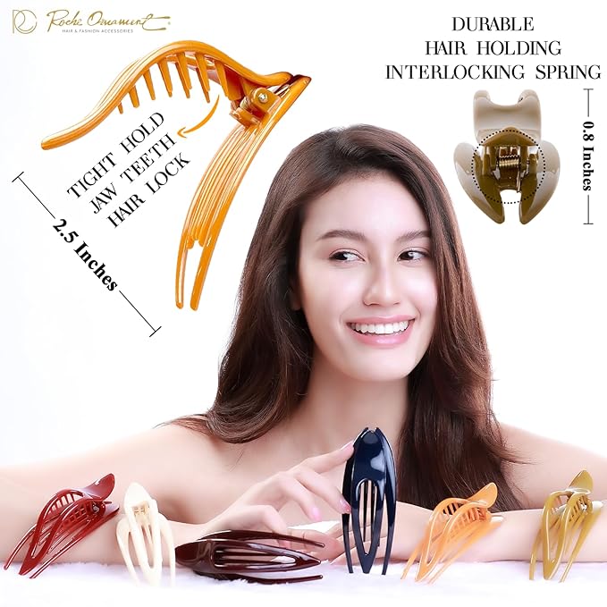 RC ROCHE 6 Pcs Flat Hair Clips Big Claw for Thick Hair French Duckbill Women No Slip Side Slide Curved Alligator Concord Strong Grip Hold Volume Lay Down Clamp, Small Classic Multicolor