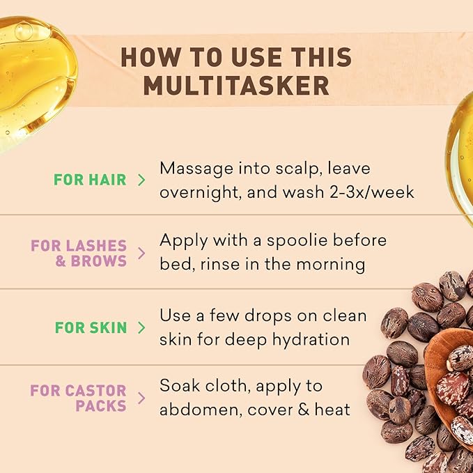 Cold-Pressed Castor Oil – 100% Pure & Hexane-Free | Hair Growth, Eyelashes & Eyebrows Serum | Deep Moisturizer for Skin & Face | Ideal for Castor Oil Packs & Scalp Treatment (1 FL. Oz.)