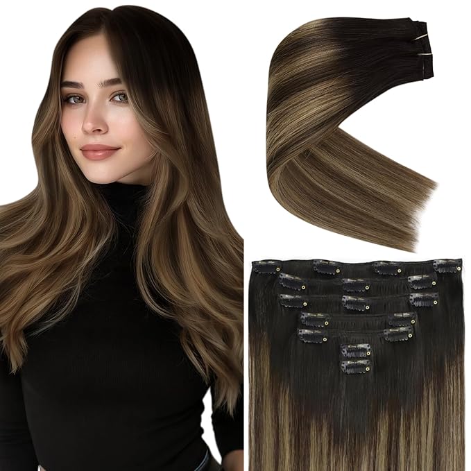 Ve Sunny Clip in Hair Extensions Black Ombre Hair Extensions Clip ins Black Balayage Brown with Caramel Blonde Human Hair Clip in Extensions for Women 14Inch 100g