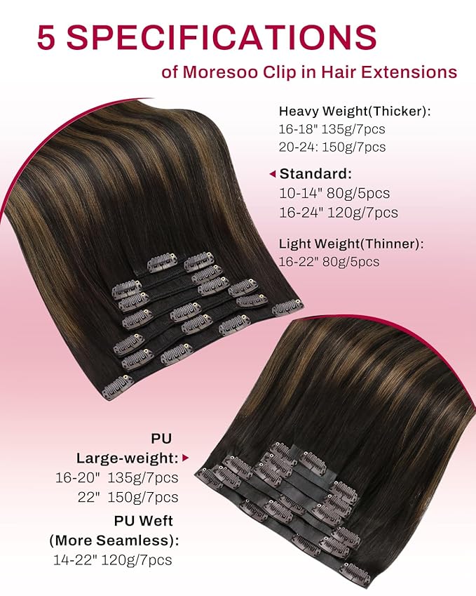 Moresoo PU Seamless Human Hair Clip in Extensions 135g 7pcs Clip in Hair Extensions Real Human Hair Straight Natural Thick and Soft Remy Hair Dark Brown to Chestnut Brown Balayage 16inch