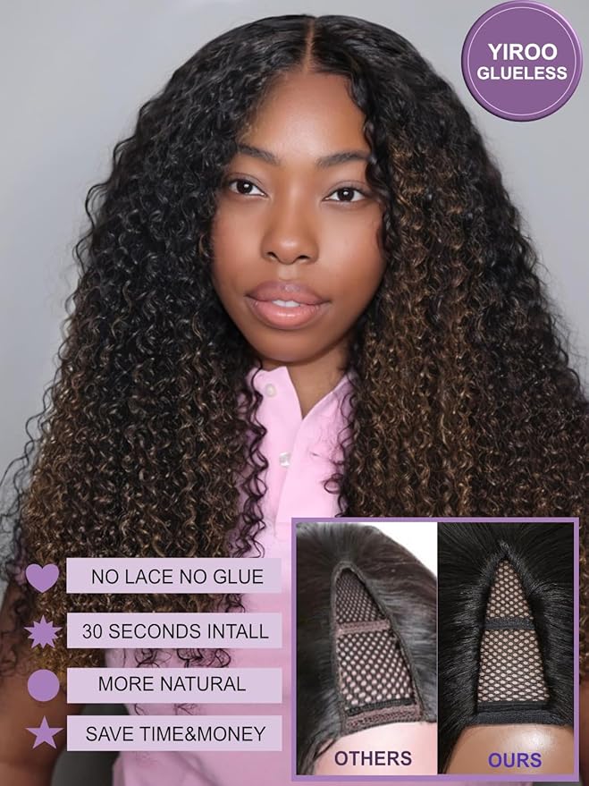 YIROO EasiContour V Part Ombre Brown Human Hair Wig Curly 12A Glueless Upgrade U Part Wig Ombre Black to Chestnut Brown No Leave Out V Shape Clip Wigs Ready to Go 150% Density Beginner Friendly 14Inch