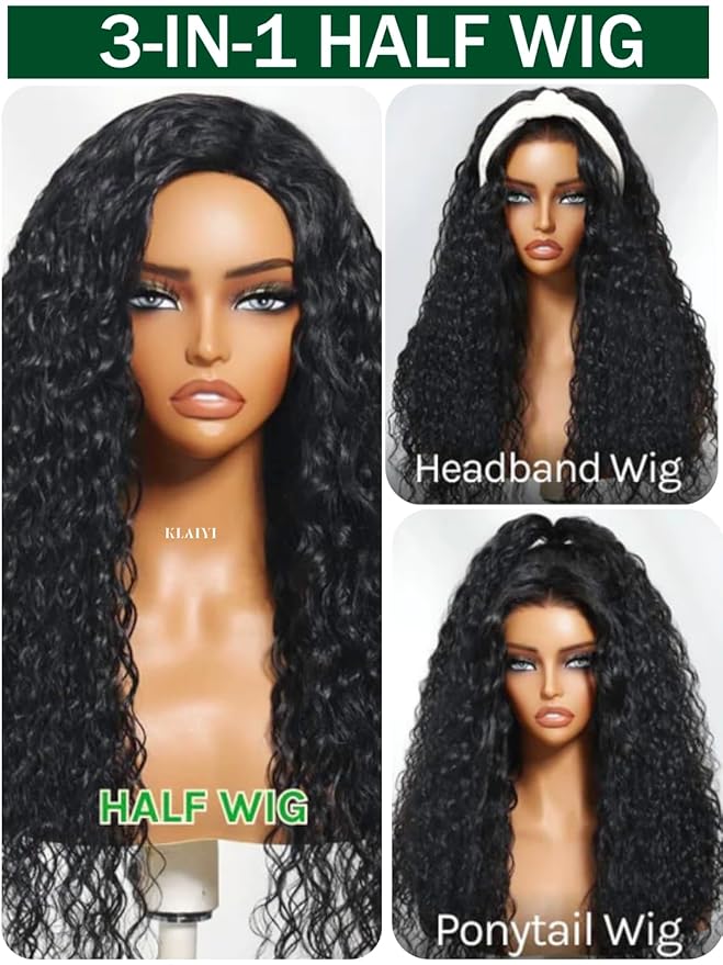 KLAIYI Water Wave 3 In 1 Flip Over 3/4 Half Wig Human Hair Curly Flip Over Seamless Blend Edges Glueless Wear and Go Drawstring Headband Clip In Wigs for Women Ready to Go Wig Beginner Friendly 24Inch