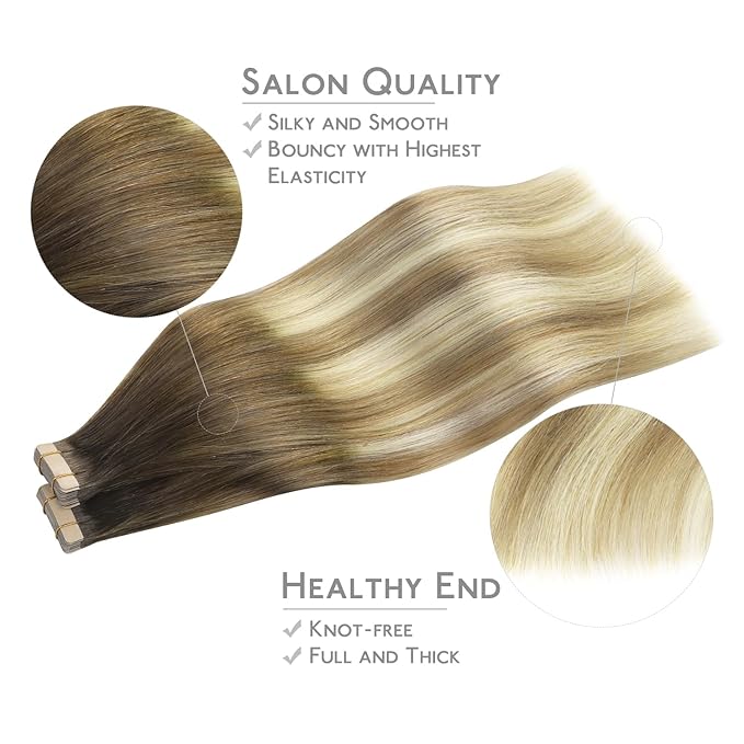 WENNALIFE Tape in Hair Extensions Human Hair, 40pcs 100g 24 inch Ombre Walnut Brown to Ash Brown and Bleach Blonde Hair Extensions Real Human Hair Straight Tape in Extensions Real Human Hair