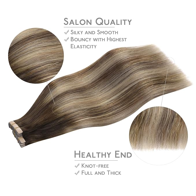 WENNALIFE Tape-in Hair Extensions, 40pcs 100g 14 inch Balayage Chocolate Brown to Honey Blonde, Reusable Real Human Hair Straight Tape-in Extensions