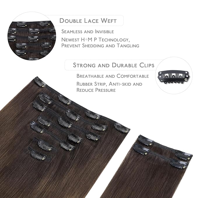 WENNALIFE Clip in Hair Extensions Real Human Hair, 14 Inch 150g 9pcs Remy Hair, Ombre Dark Brown to Light Chestnut Brown Straight Natural Extensiones De Cabello Humano Con Clip Ins