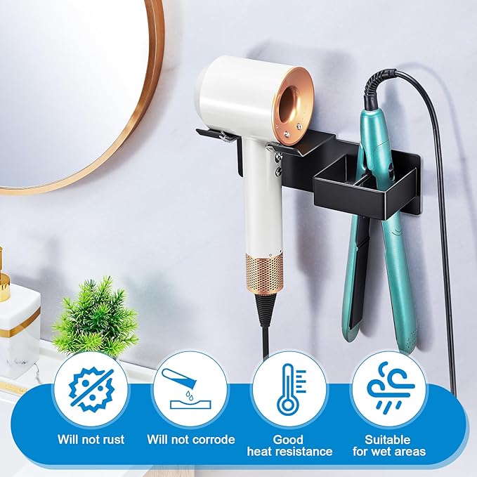 Hair Dryer Holder Wall Mounted, Hair Straightener Holder Metal, Adhesive Blow Dryer and Hair Straightener Holder, Bathroom Bedroom Hair Tool Organizer for Flat Iron,Curling Iron,Hairdryer