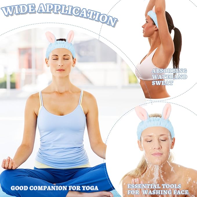 Cute Blue Rabbit Ears Headband Frog Eye Elastic to Wash Face for Women Makeup Shower Spa (1 Pack)