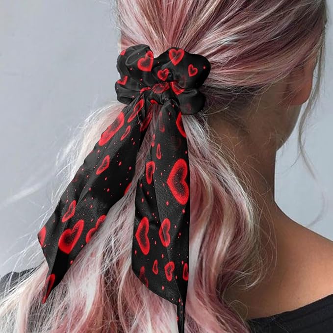 Heart Dessert Elastic Ribbon Bow Hair Ties 2 Piece Pink Black Knotted Bow Hair Scrunchies Chic Hair Scarf Valentine's Day Ribbon Scrunchies
