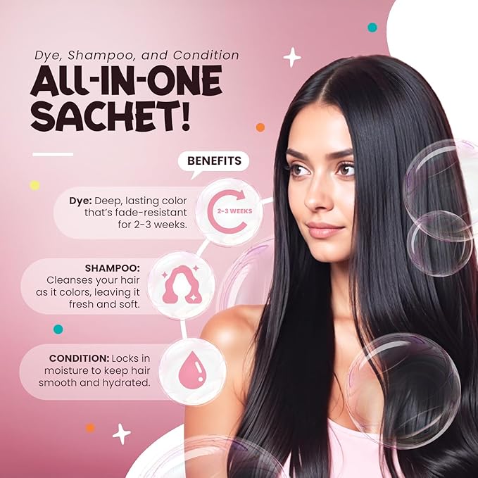 Herbishh Bubble Foam Hair Dye Shampoo, 3 in 1 Dye for 100% Grey Coverage, Permanent Hair Coloring for Men & Women, Long-lasting & Travel-friendly, Ammonia-free, 10 Sachet x 24 ml (Dark Brown)