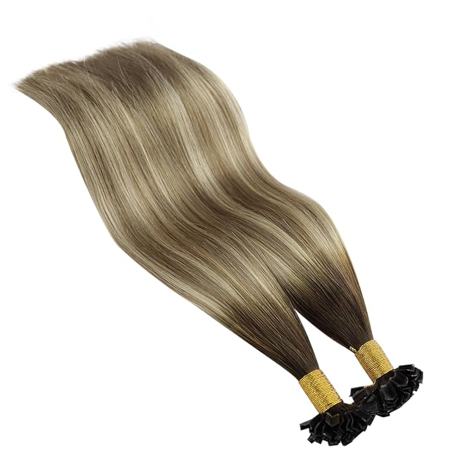YoungSee K Tip Hair Extensions Balayage 18In Keratin Hair Extensions Human Hair Ombre Dark Brown to Brown with Blonde Straight 50s/50g