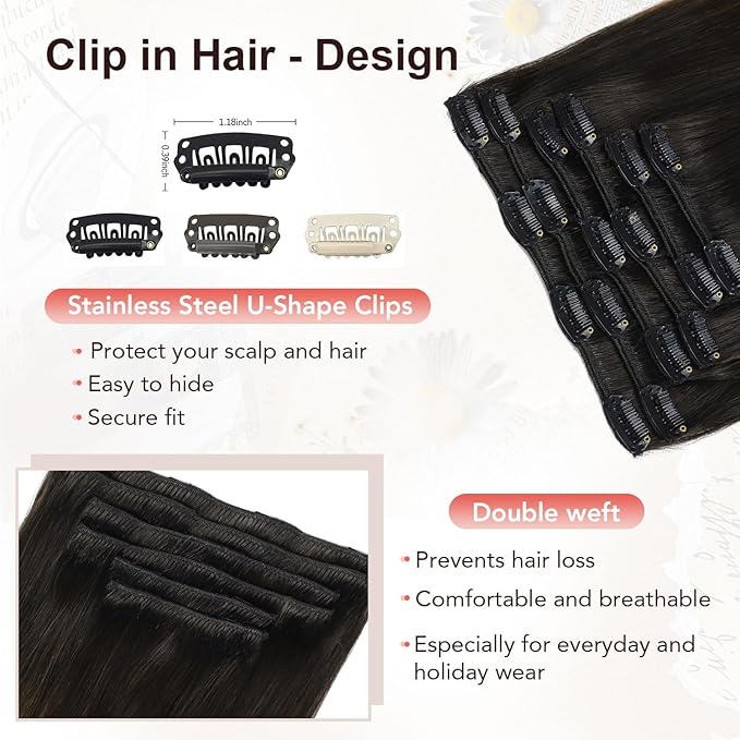XDhair Clip in Hair Extensions Real Human Hair 100g 16 Inch 6Pcs Ombre Color Natural Black to Medium Brown Clip in Hair Extensions Natural Soft (#1BT4, 16 inch)