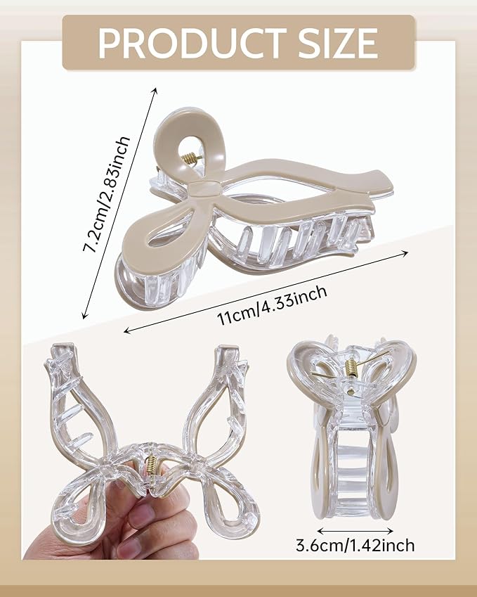 Mesovor 4 Pack Elegant Bow Hair Claw Clips, Nonslip 4.3" Large Hair Grip Hairclips for Thin and Thick | Acrylic Hair Strong Hold Hair Jaw Clamps (Neutral)