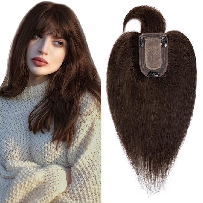 SEGO Hair Toppers for Women Real Human Hair with Thinning, with Front Bangs Clip in Toppers Straight 150% Density Silk Base -16 Inch #2 Dark Brown