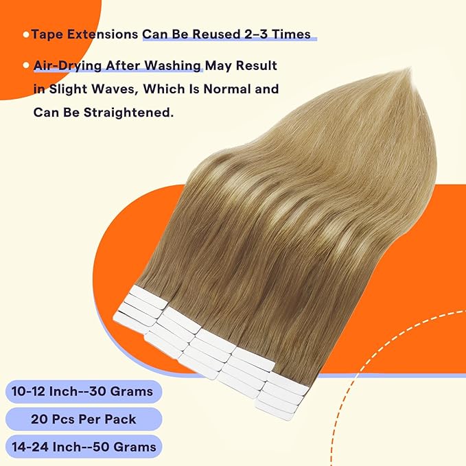 Full Shine Human Hair Tape in Extensions Color 10 Brown Fading to 14 Golden Blonde 12 Inch Invisible Double Sided Remy Tape in Hair Extensions Human Hair 20 PCS Seamless Skin Weft 30 Grams Add Volume