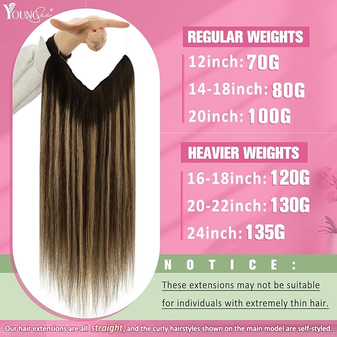 YoungSee Wire Hair Extensions Balayage Invisible Wire Hair Extensions Real Human Hair Chocolate Brown Mix Caramel Blonde Couture Hair Extension With Transparent Line 18In 80G
